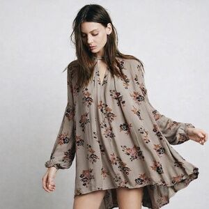 Free People Floral Swing Tunic Dress Taupe Boho XS 100% Rayon Hi-Low Mini Dress